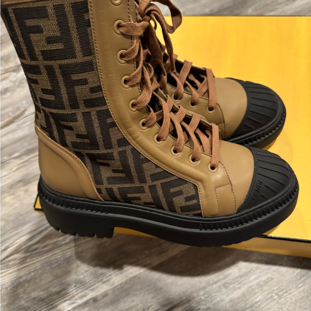 Fendi Brown & Black FF Logo Lace-Up Combat Boots - Picture 2 of 5